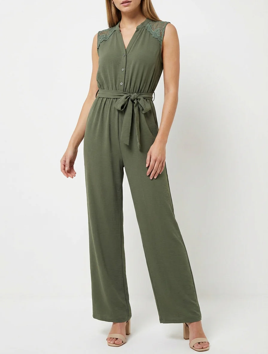 Knoopsluiting jumpsuit met kanten schouders - Kaki - Image 4