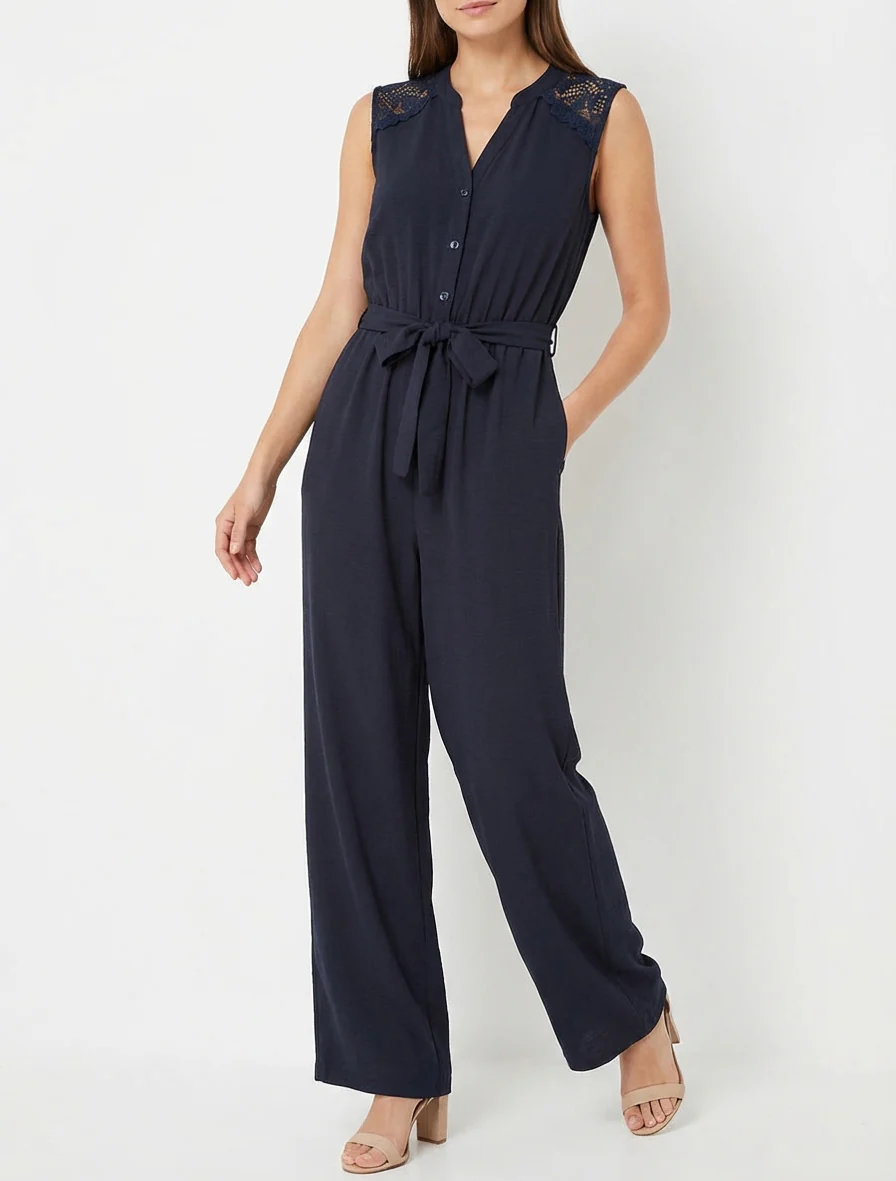 Knoopsluiting jumpsuit met kanten schouders - Marine - Image 4