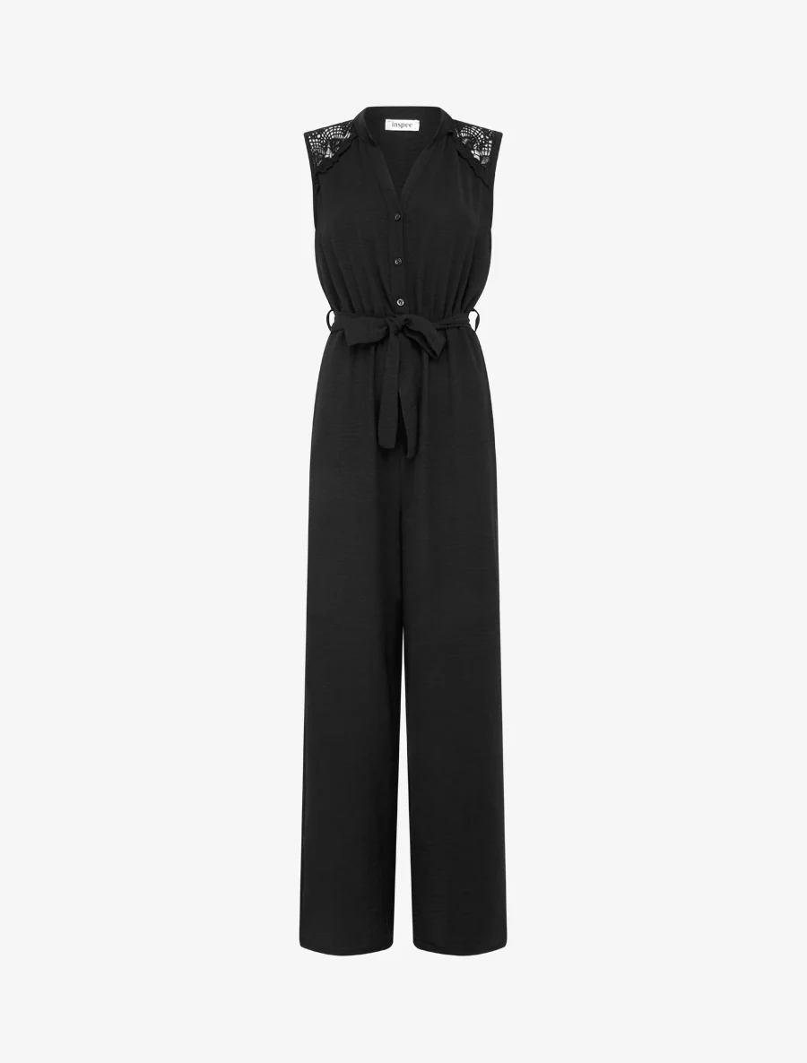 Knoopsluiting jumpsuit met kanten schouders - Zwart