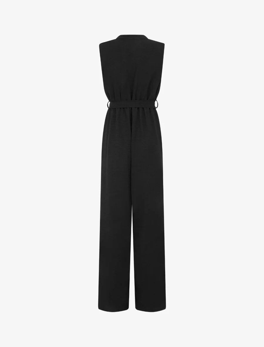 Knoopsluiting jumpsuit met kanten schouders - Zwart - Image 2