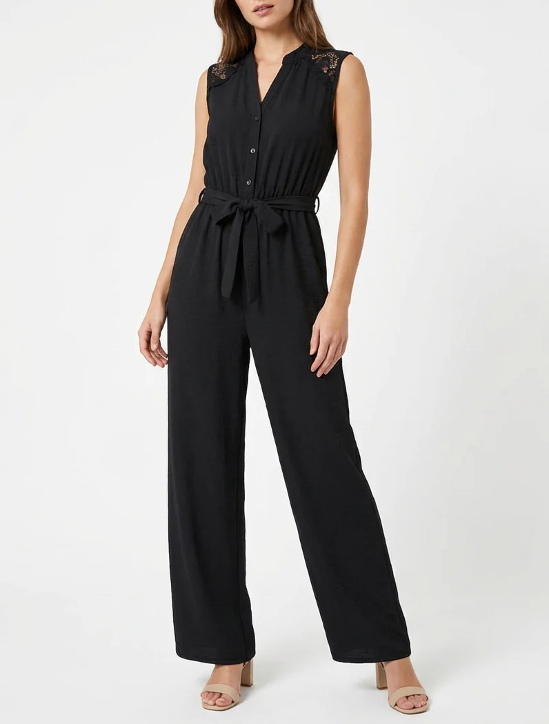 Knoopsluiting jumpsuit met kanten schouders - Zwart - Image 4