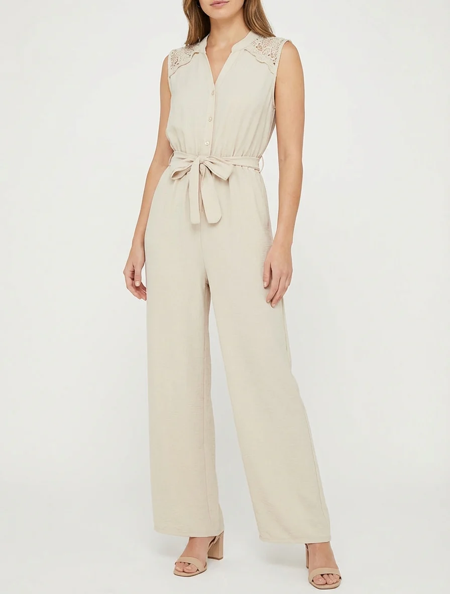 Knoopsluiting jumpsuit met kanten schouders - Beige - Image 4