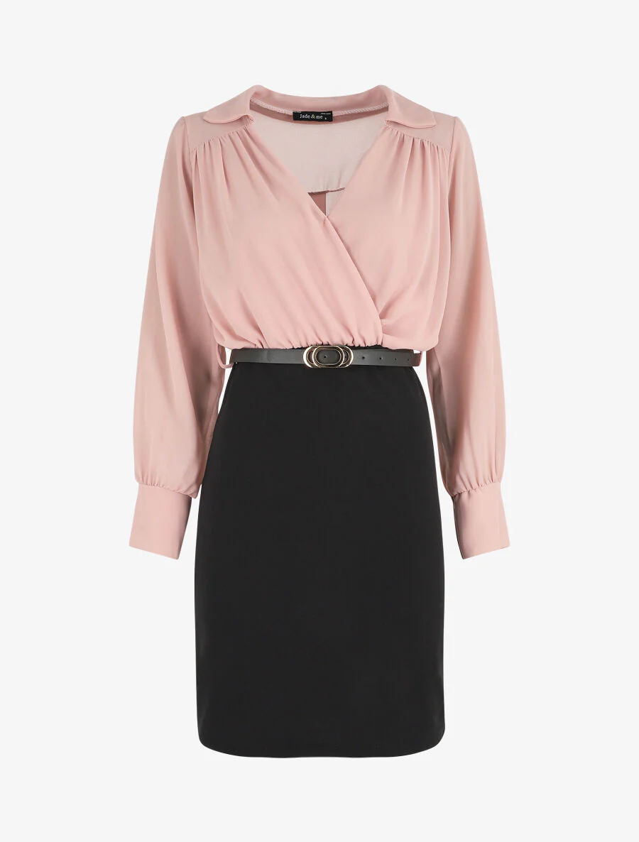 Kokerjurk met overslagkraag - Zwart/roze