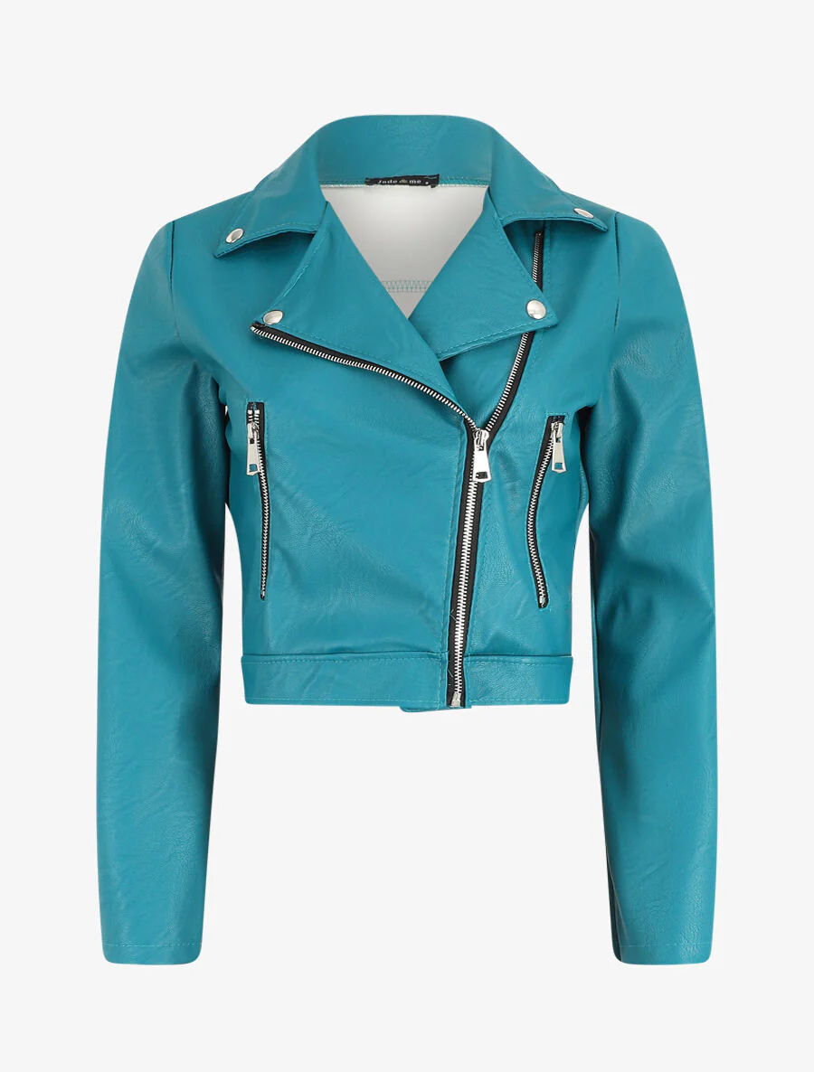 Kort bikerjack van kunstleer - Blauwgroen