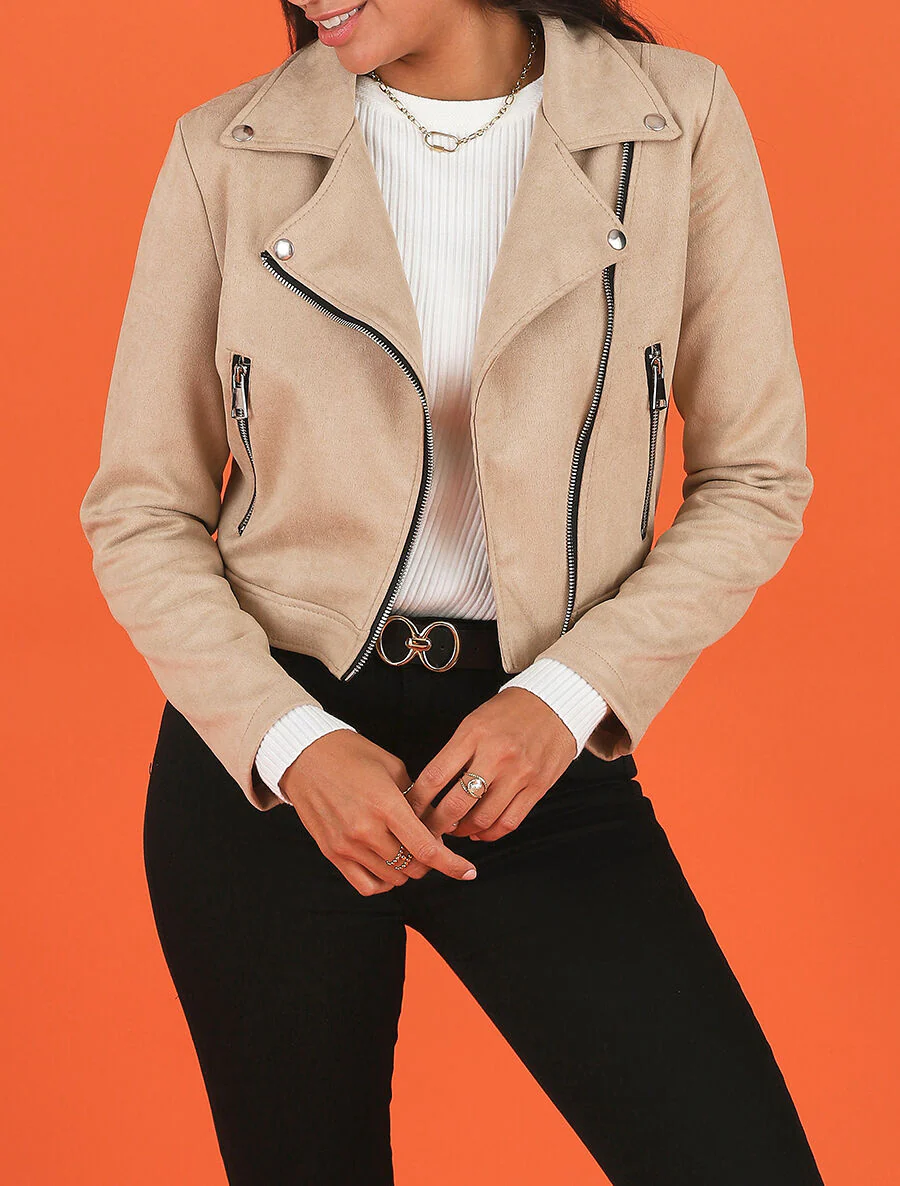 Kort bikerjack van kunstsuède - Beige - Image 3