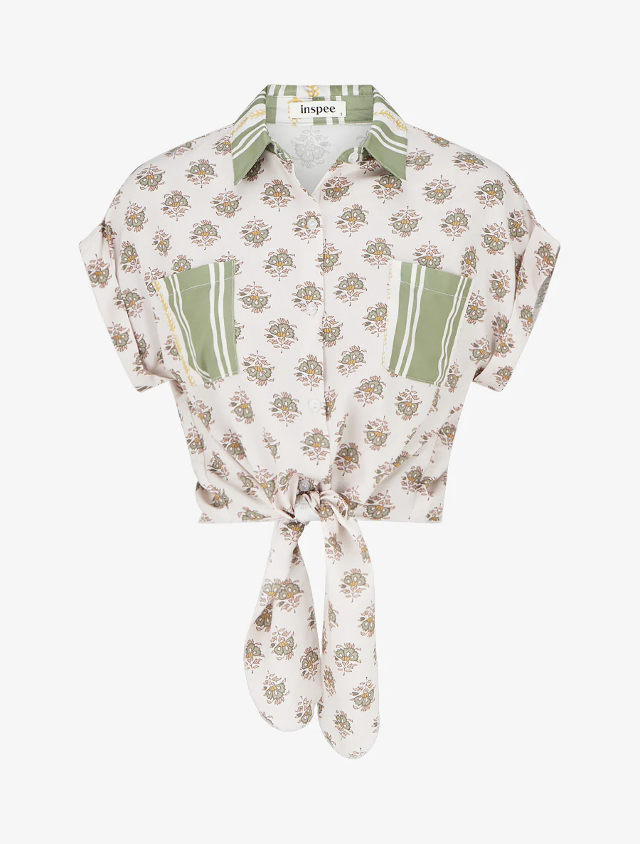 Kort bloemenprint knoopblouse - Olijfgroen