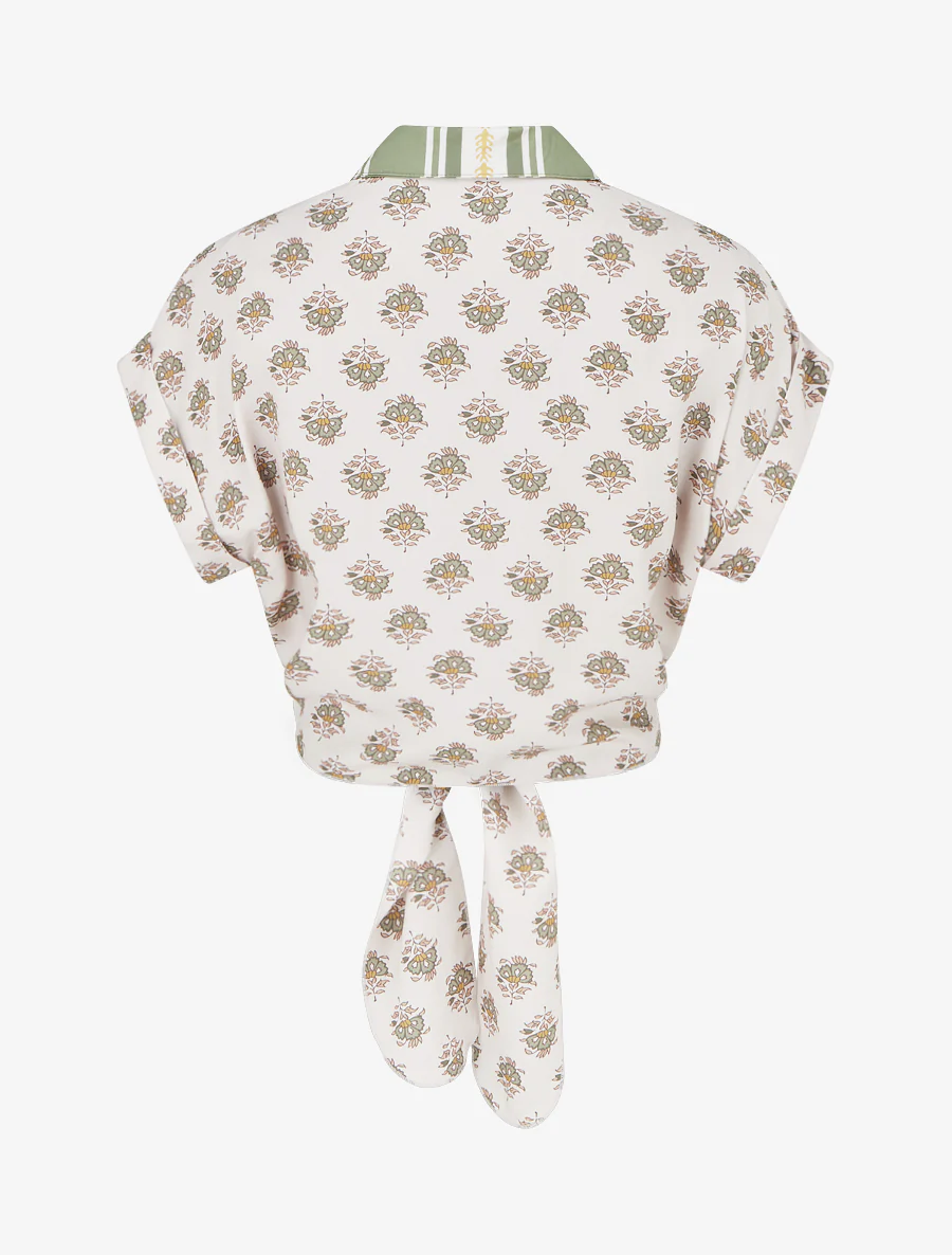 Kort bloemenprint knoopblouse - Olijfgroen - Image 2