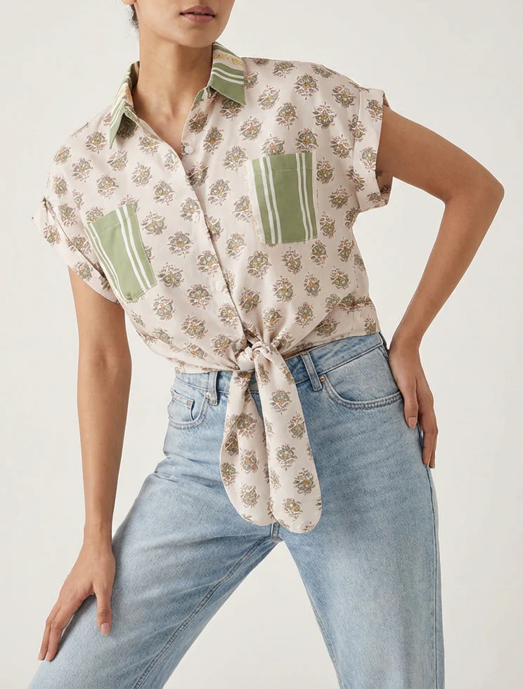 Kort bloemenprint knoopblouse - Olijfgroen - Image 4