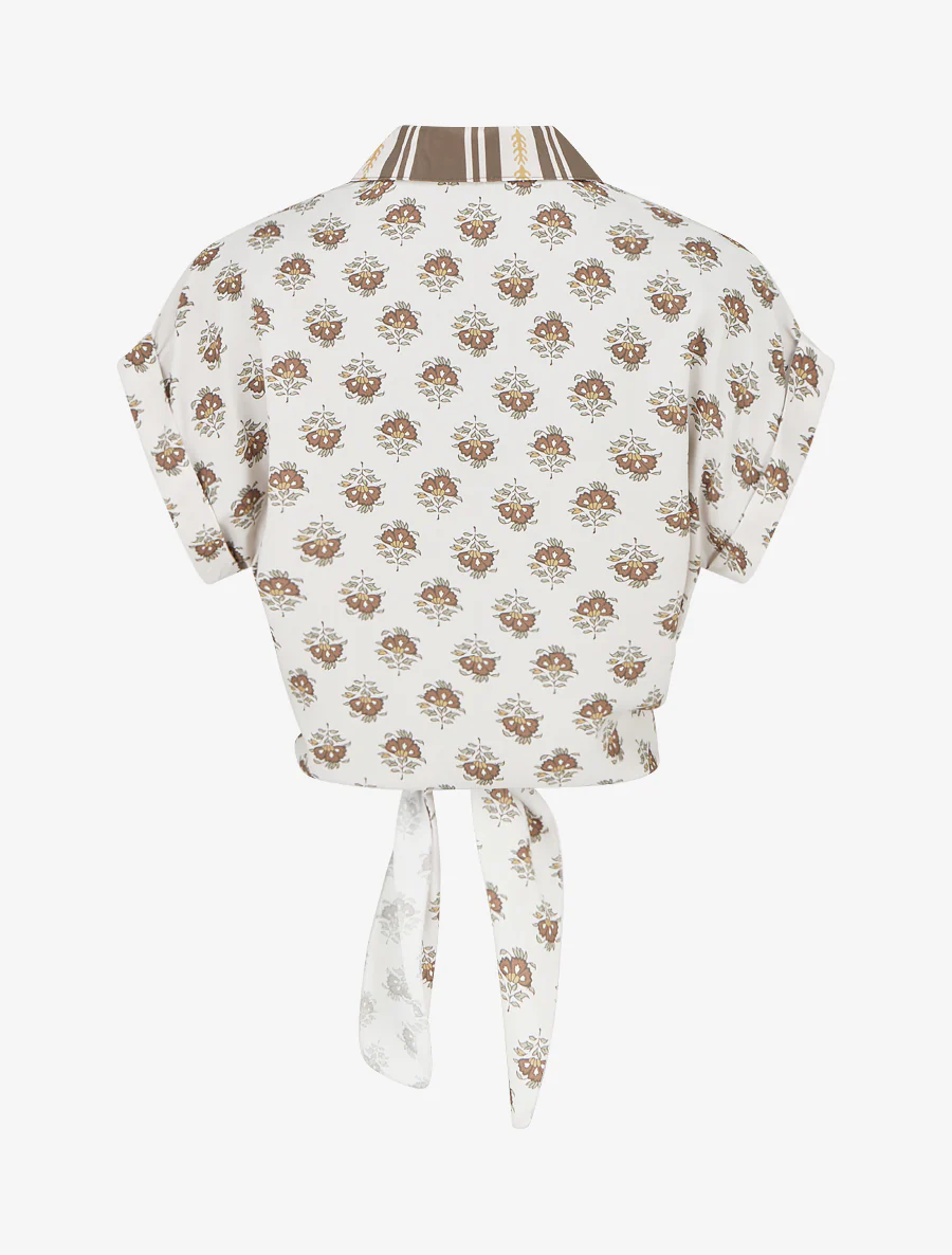 Kort bloemenprint knoopblouse - Bruin - Image 2