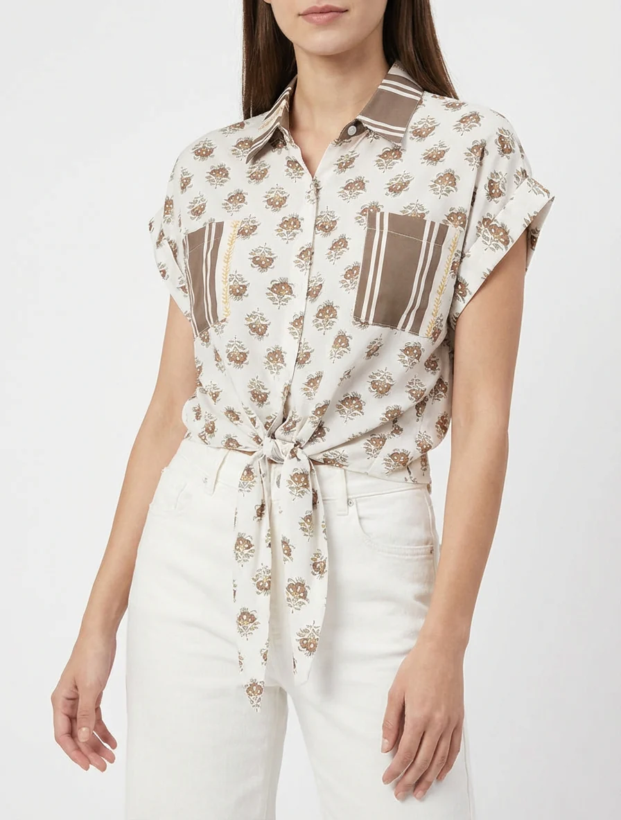Kort bloemenprint knoopblouse - Bruin - Image 4