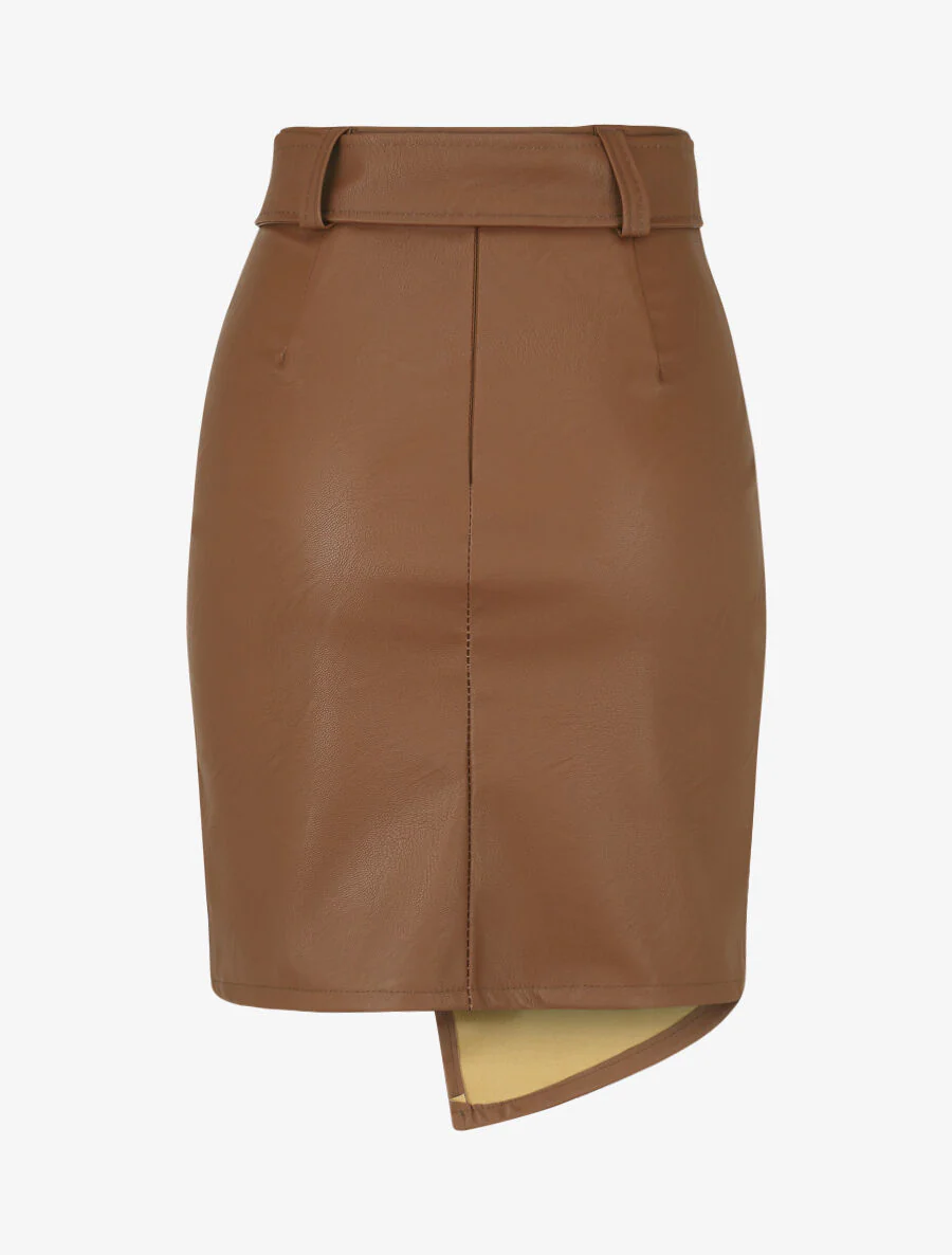 Korte asymmetrische rok van imitatieleer - bruin - Image 2