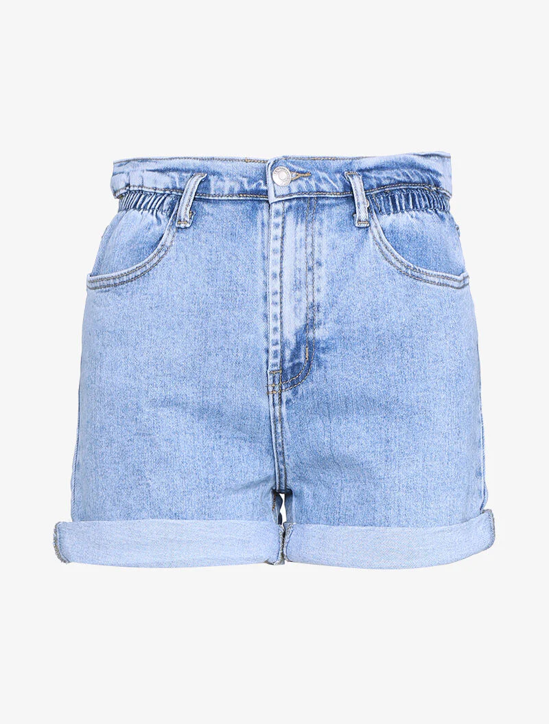 Korte broek met hoge elastische taille - blauw denim