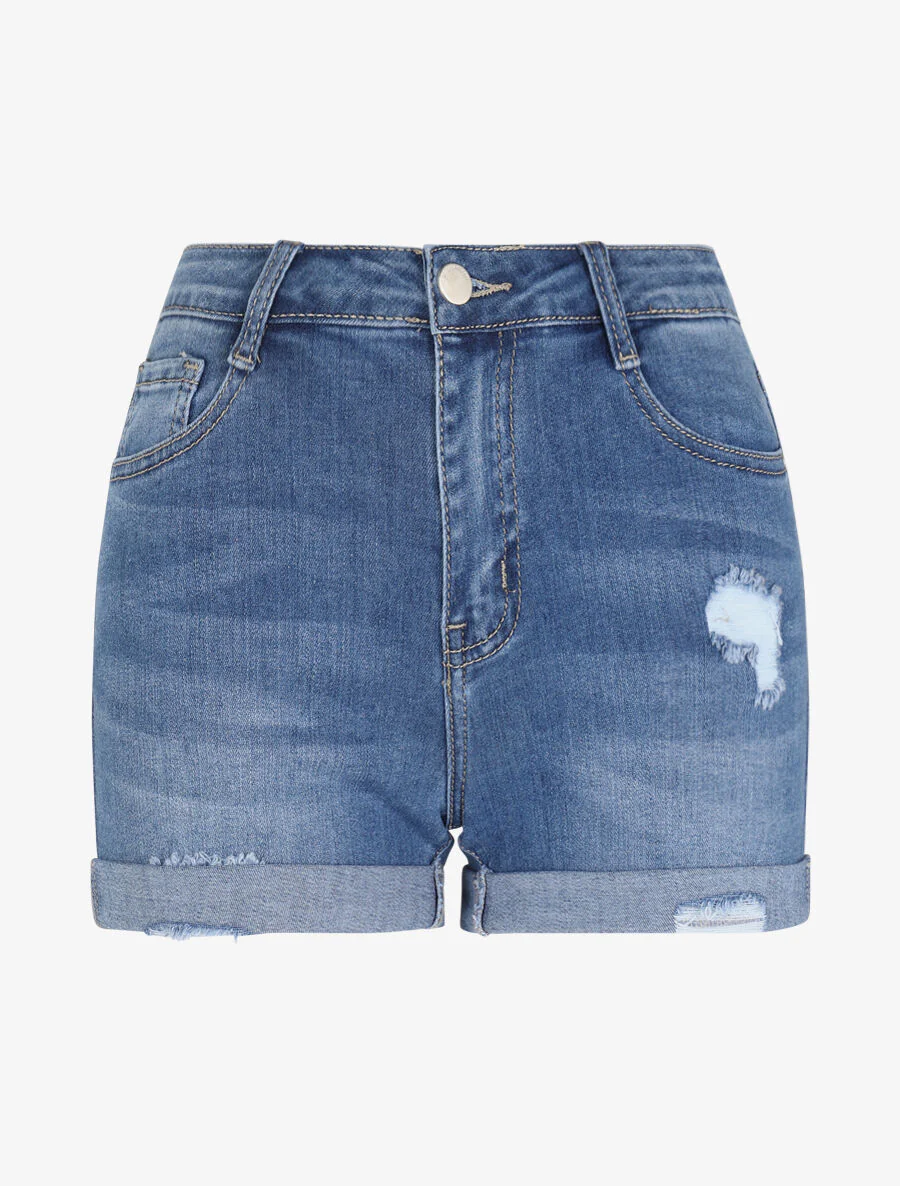 Gescheurde denim short met omgeslagen randen - Blauw