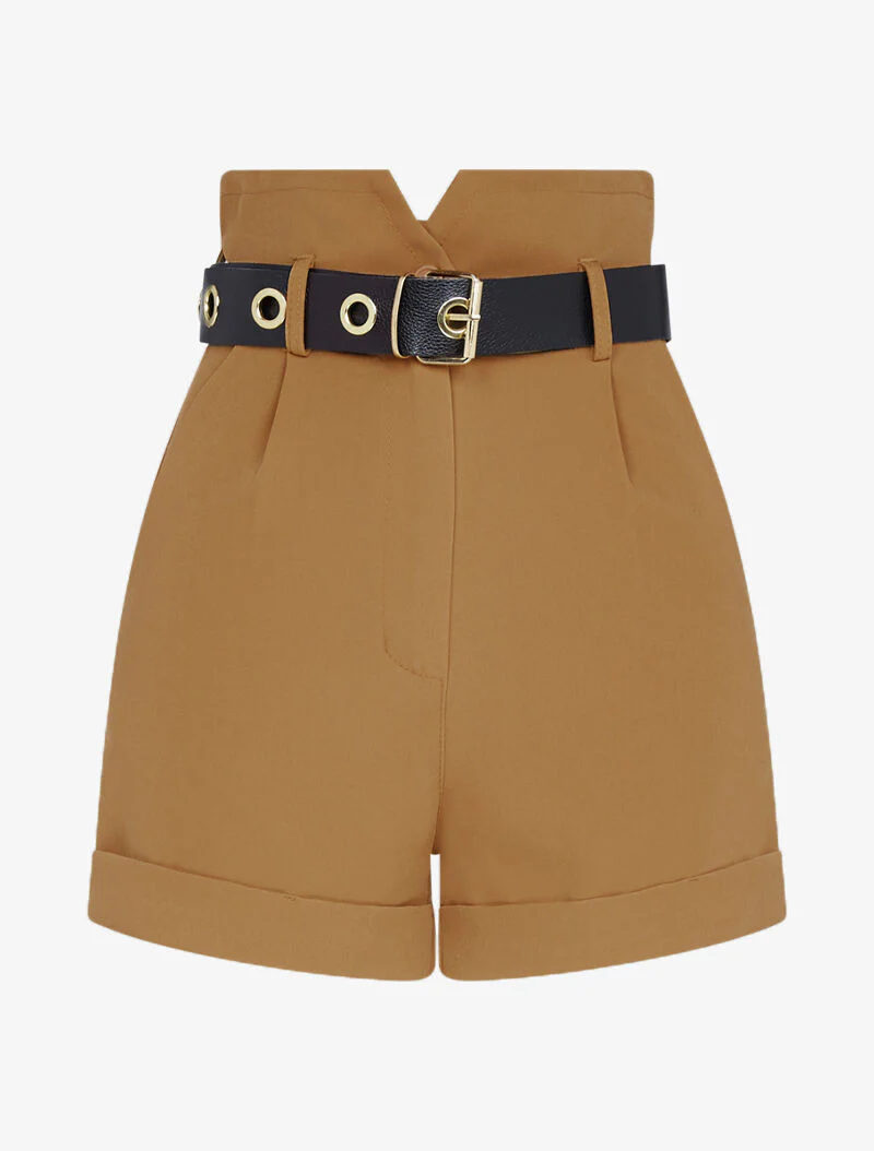 Korte hoge taille rok met riem - camel