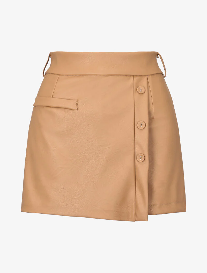 Korte imitatieleer broek met optische illusie - kameel