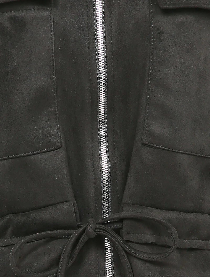 Korte suèdine jas met klepzakken - Zwart - Image 3