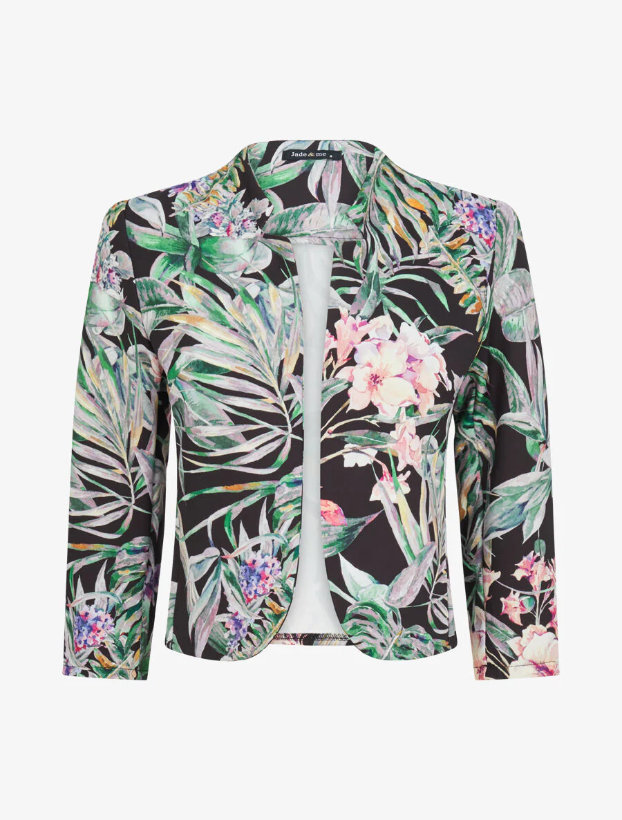 Korte jas met tropische plantenprint - Zwart