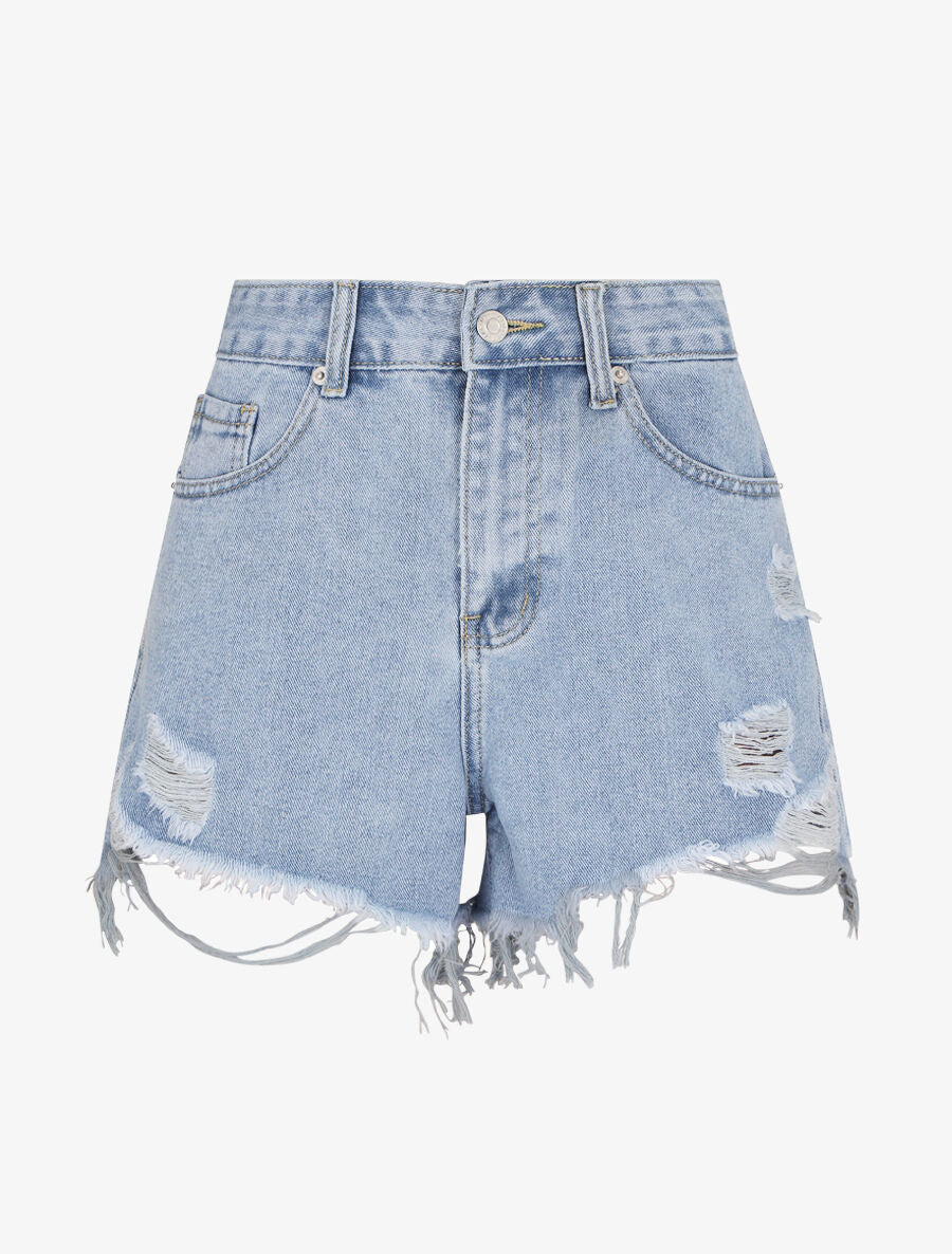 Korte jeans met versleten randen - Lichtblauw