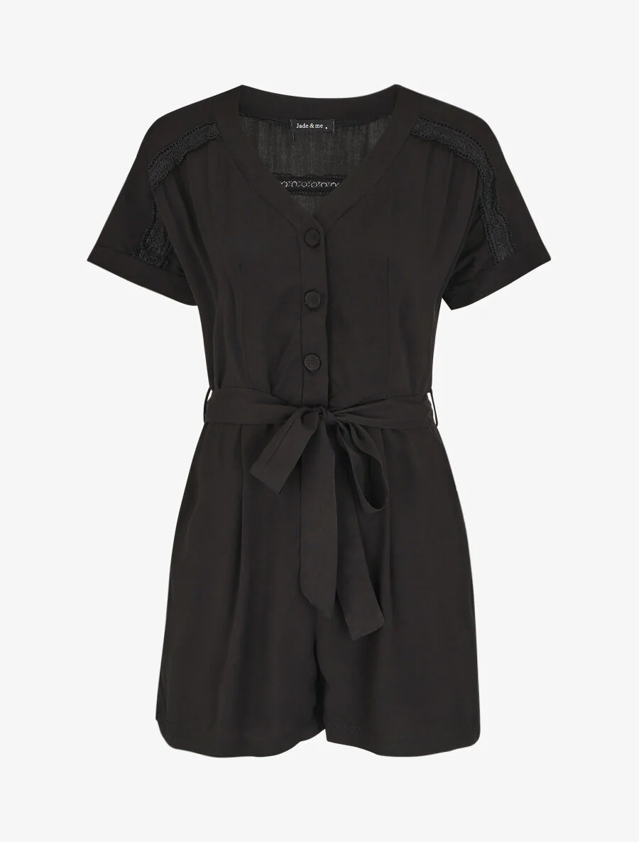 Korte jumpsuit met korte mouwen en kant - zwart