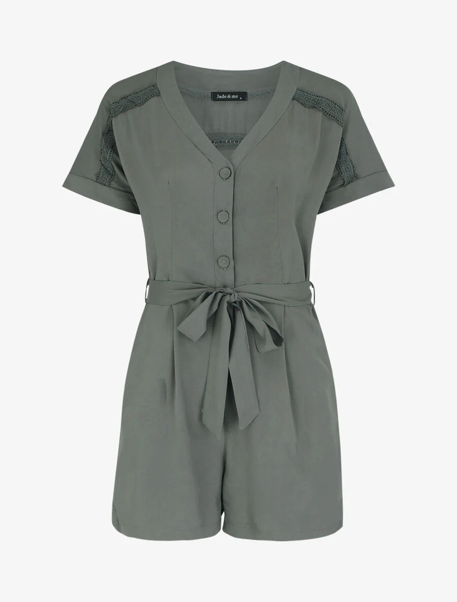 Korte jumpsuit met korte mouwen en kant - groen