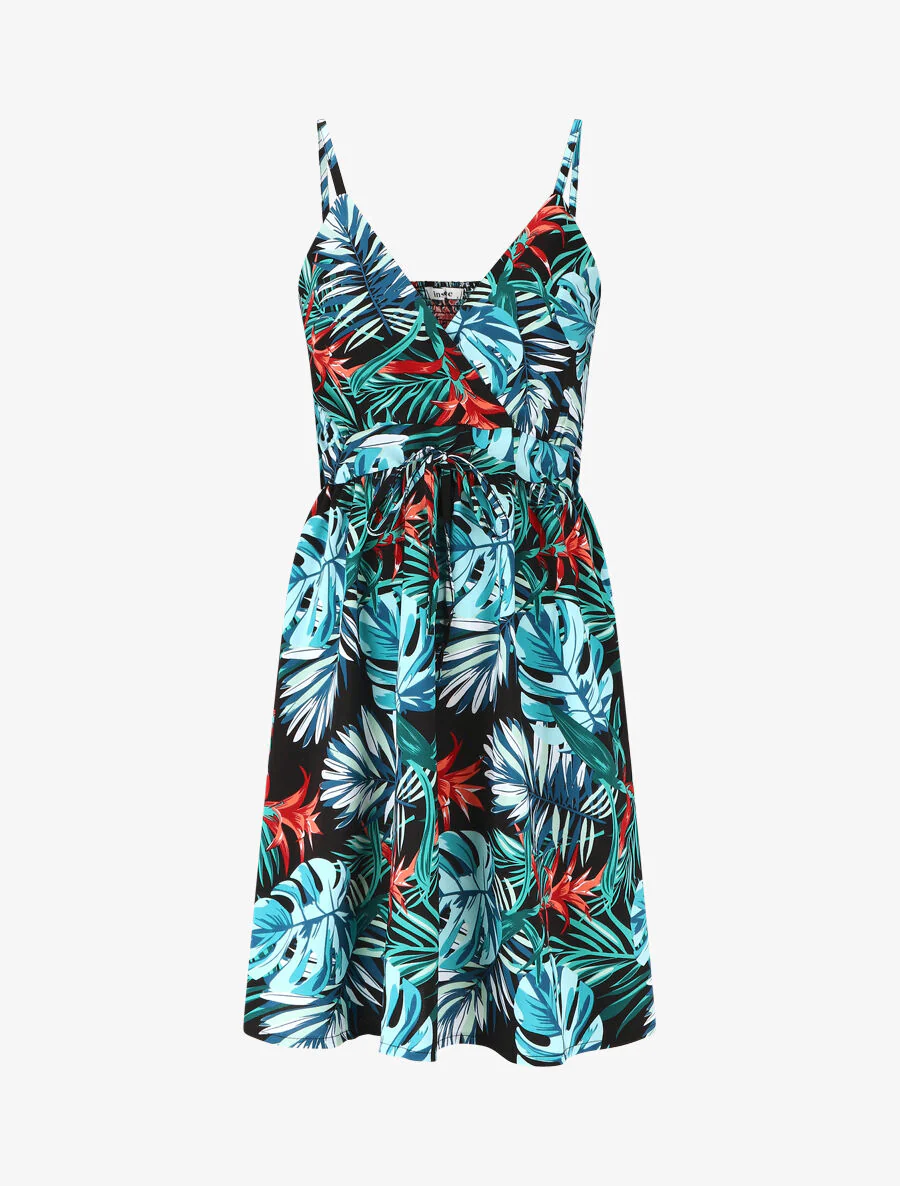 Korte jurk met bladerenprint - blauw