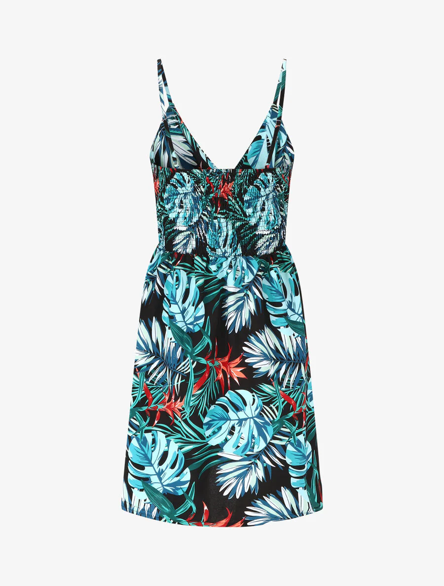 Korte jurk met bladerenprint - blauw - Image 2