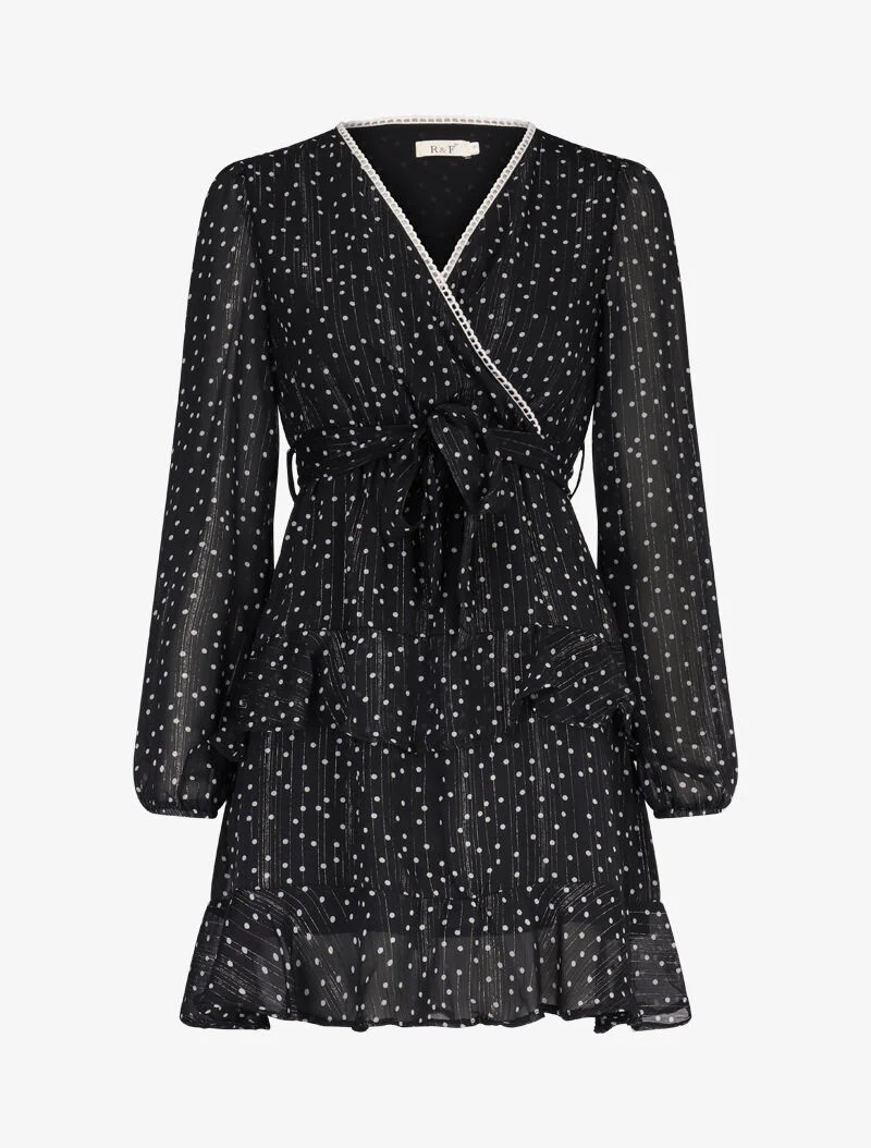 Korte jurk met overlappende ruches en polkadotprint - zwart
