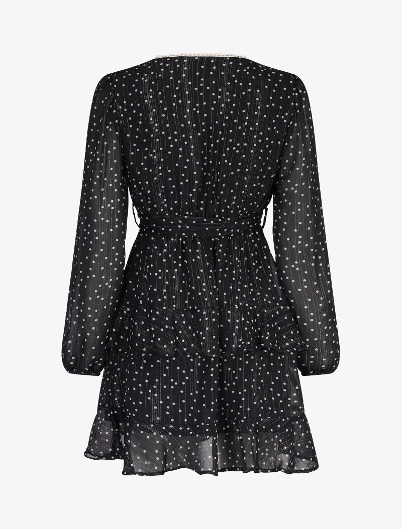 Korte jurk met overlappende ruches en polkadotprint - zwart - Image 2