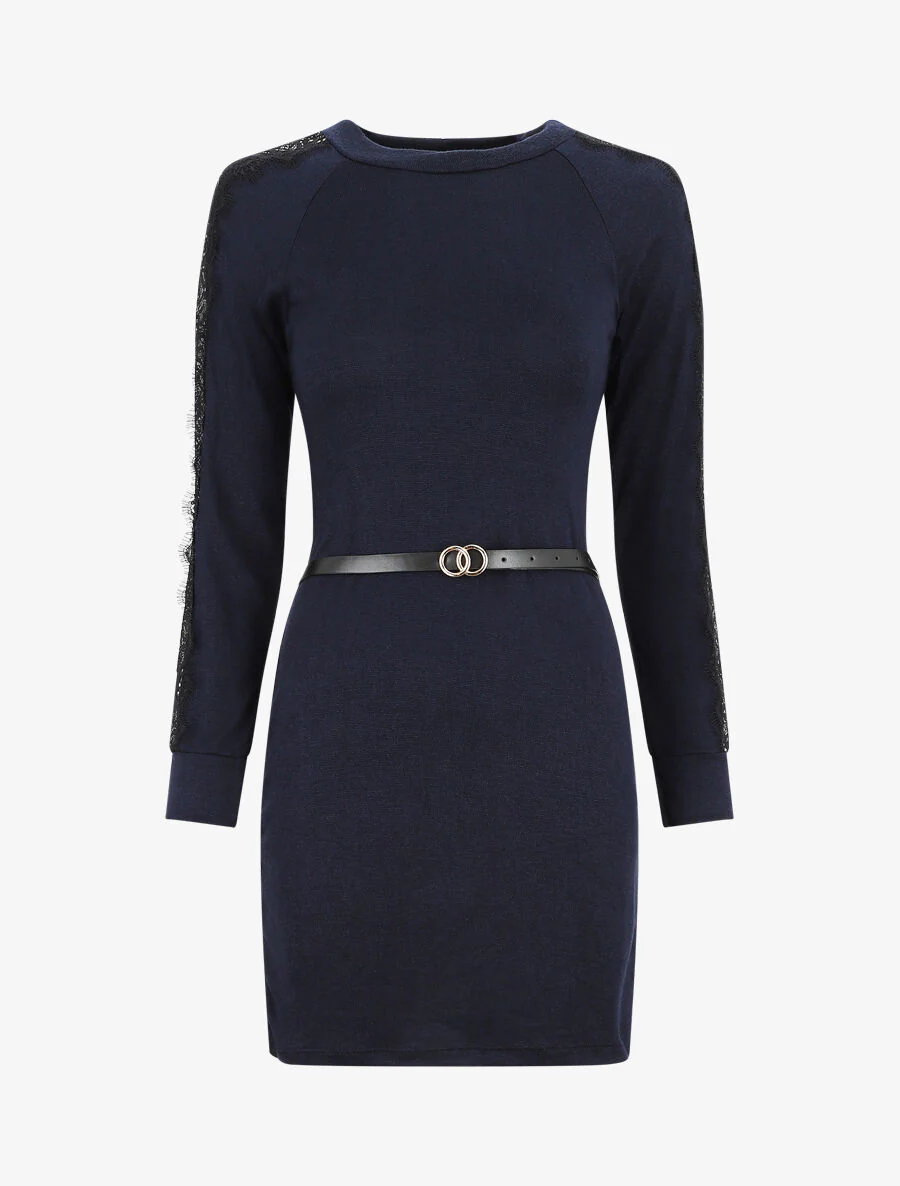 Korte trui jurk met kanten mouwen - Marineblauw