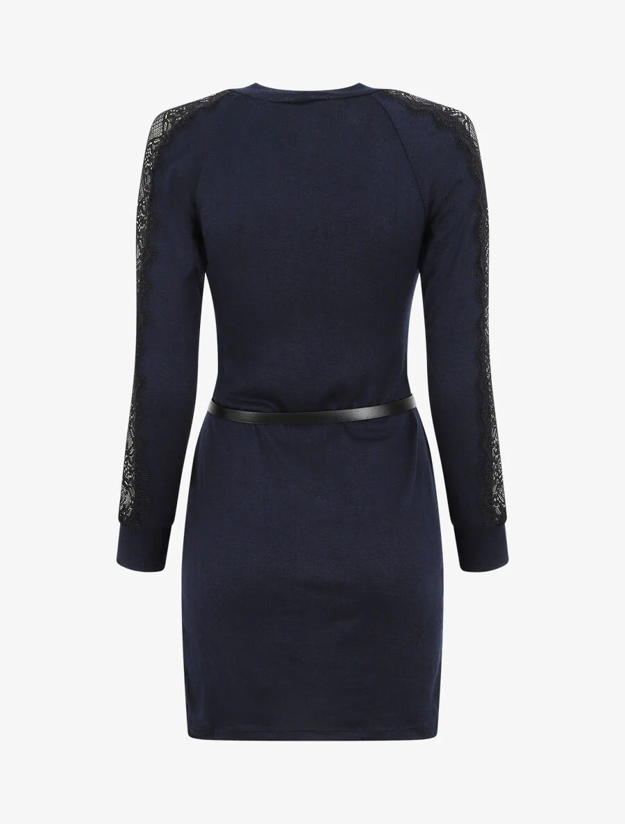 Korte trui jurk met kanten mouwen - Marineblauw - Image 2