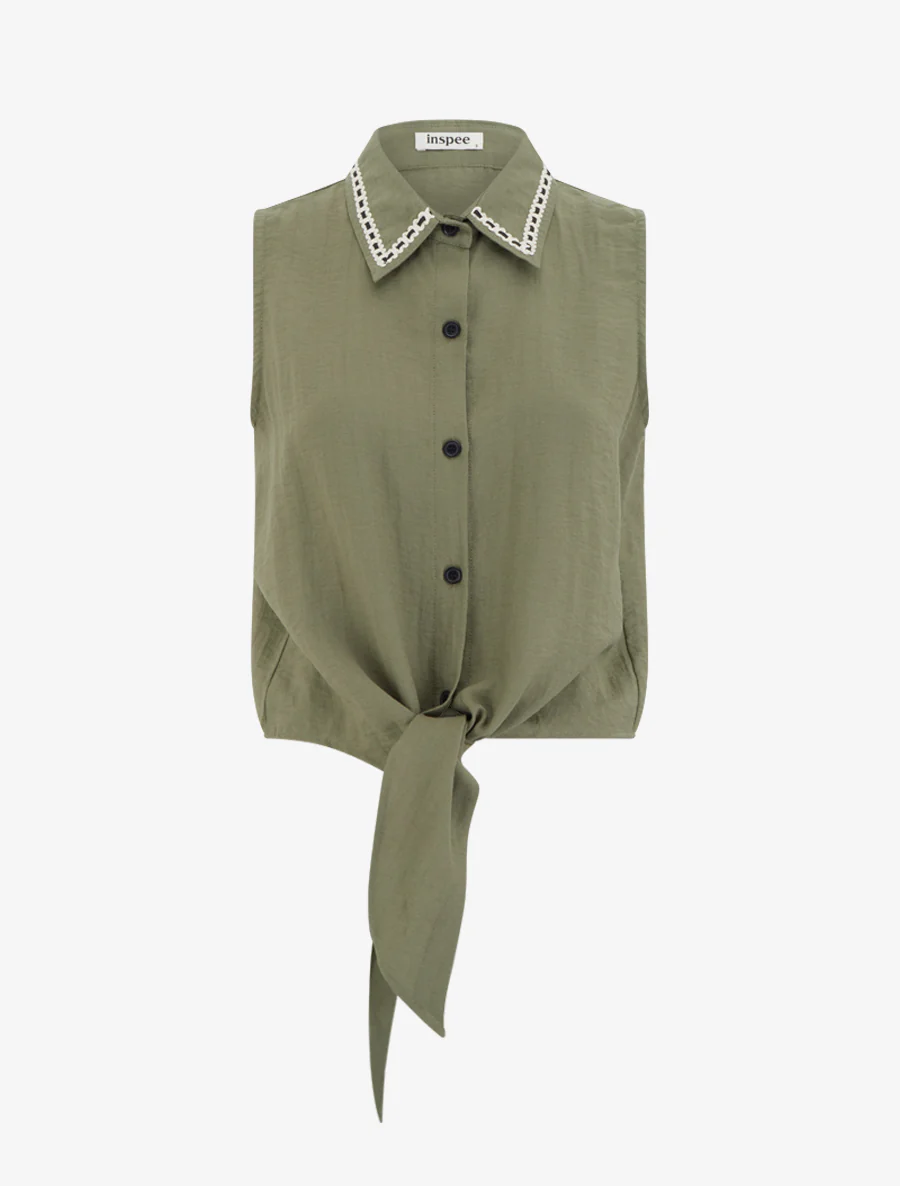 Korte knoopblouse om te knopen - Kaki