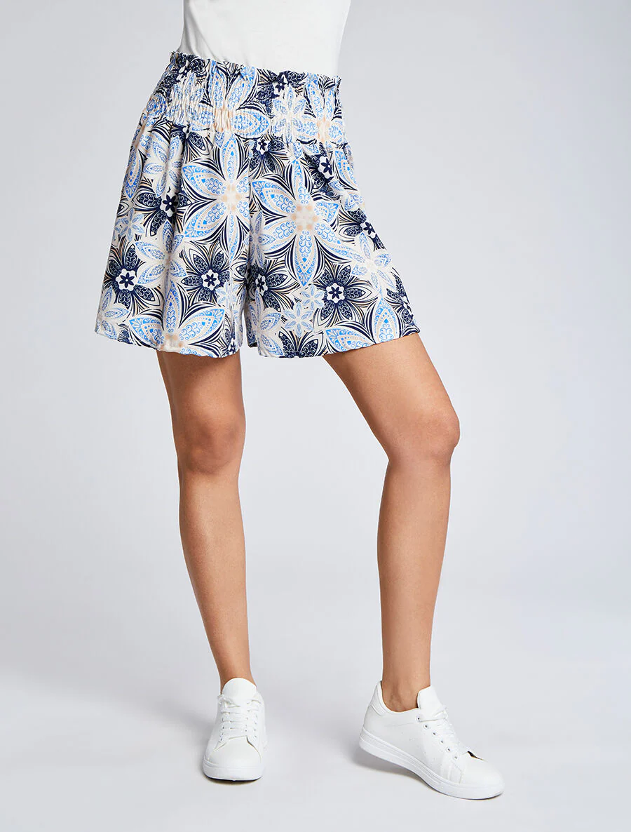 Korte losse flared met gestileerde bloemenprint - Donkerblauw - Image 4