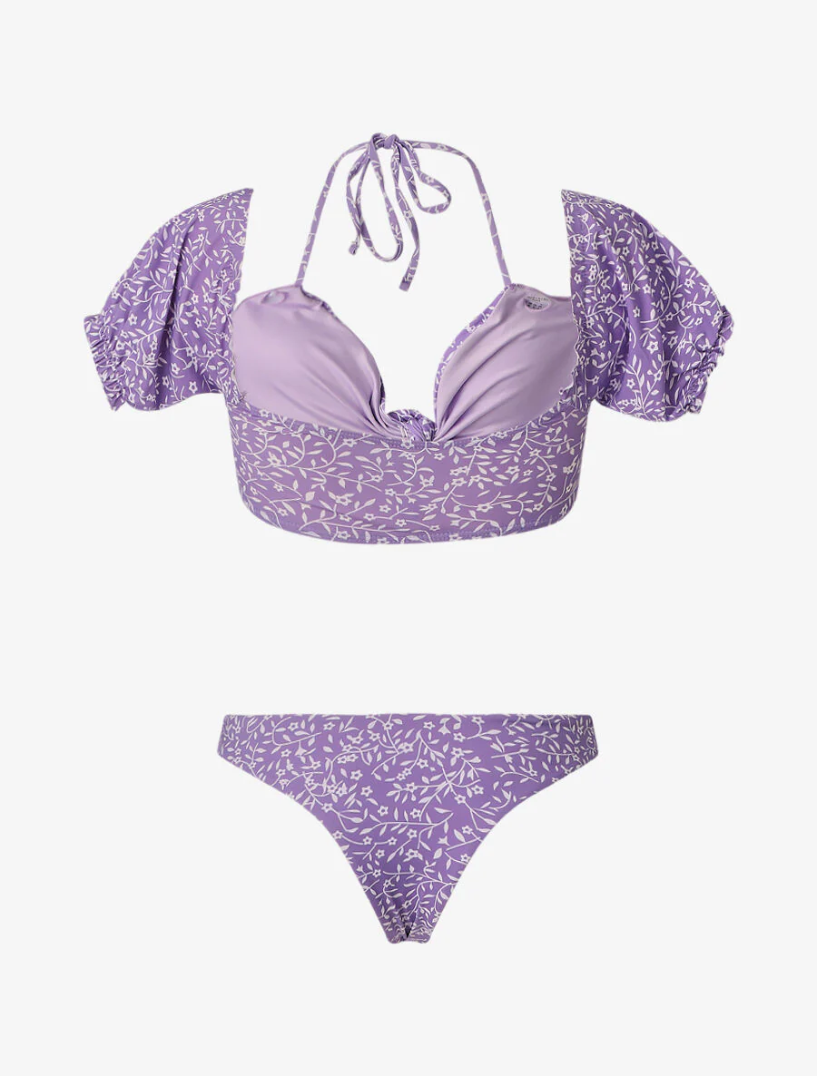 Korte mouw Bikini met bloemenprint - Lila - Image 2