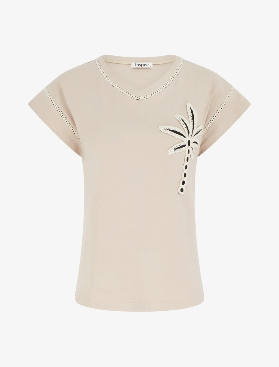 Korte mouwen T-shirt met geborduurde palmboom - Beige