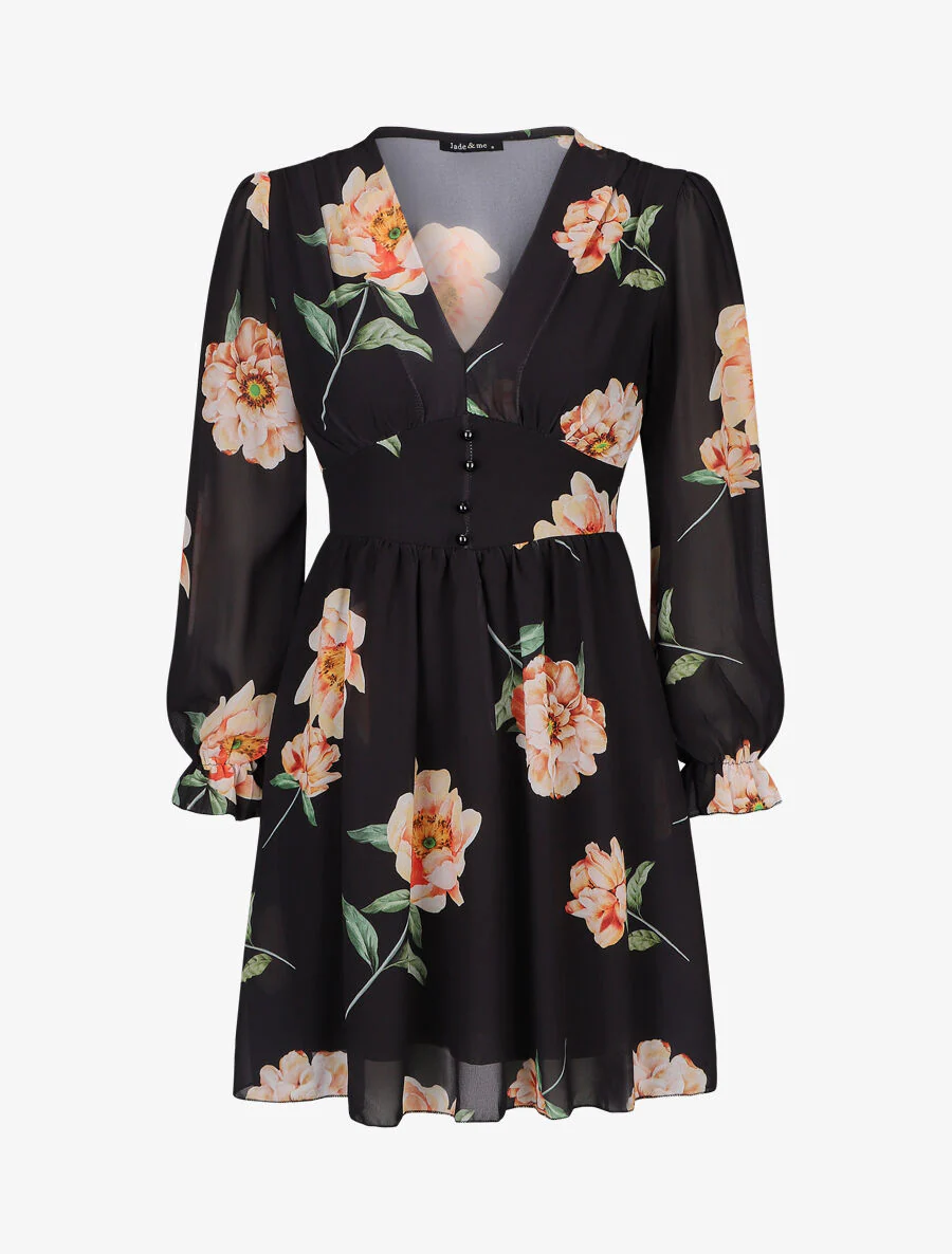 Korte patineuse jurk met grote bloemenprint - Zwart