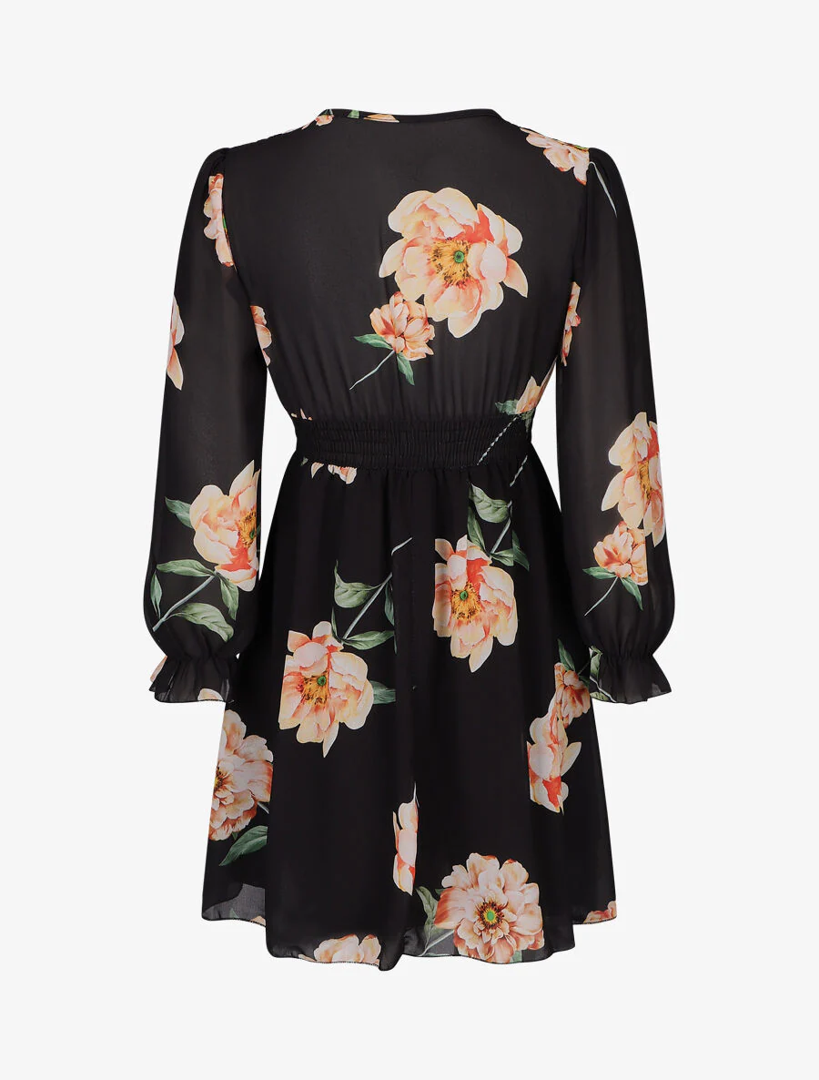 Korte patineuse jurk met grote bloemenprint - Zwart - Image 2