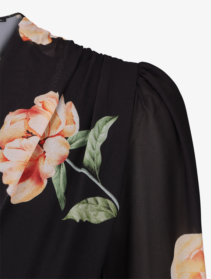 Korte patineuse jurk met grote bloemenprint - Zwart - Image 3