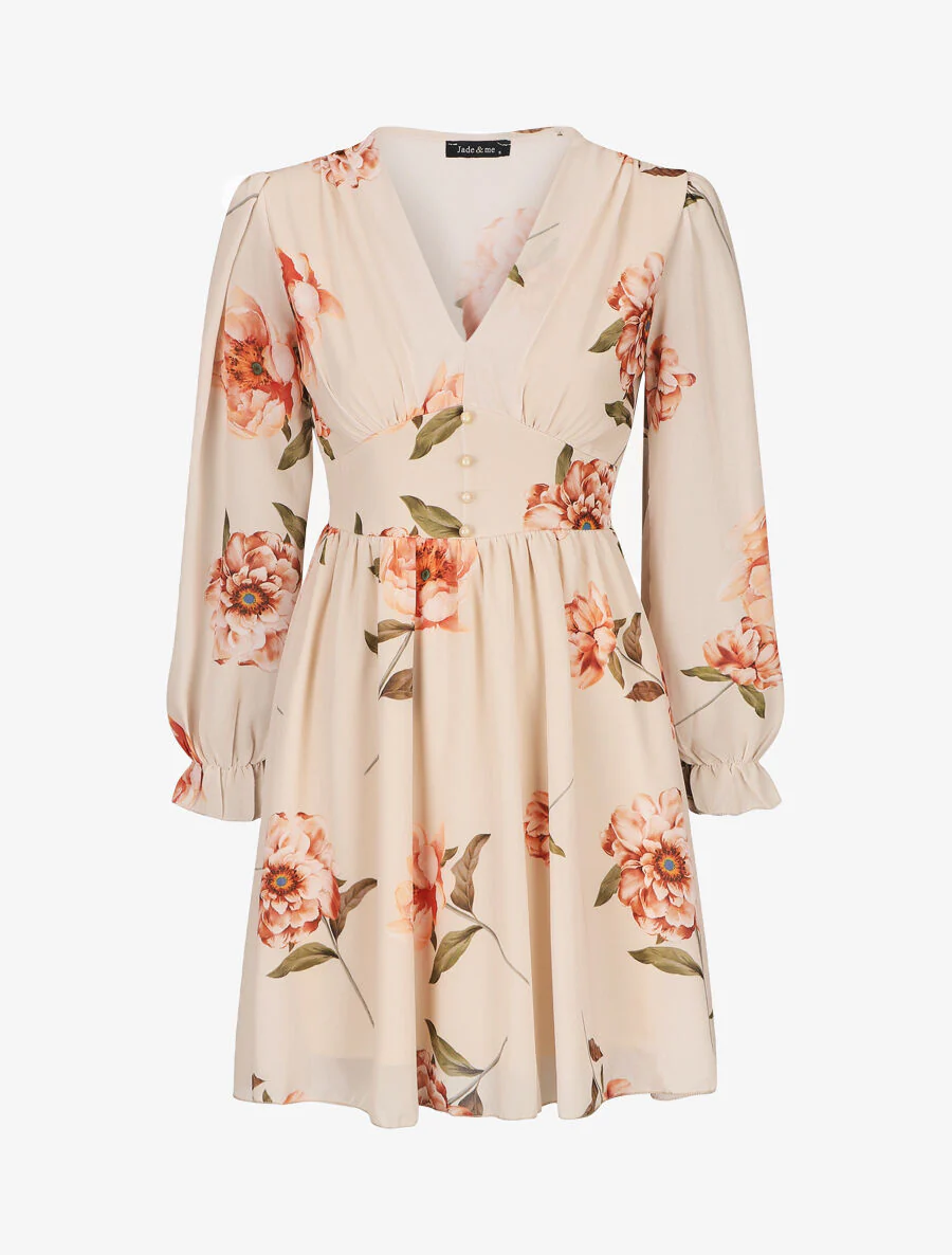 Korte patineuse jurk met grote bloemenprint - Beige