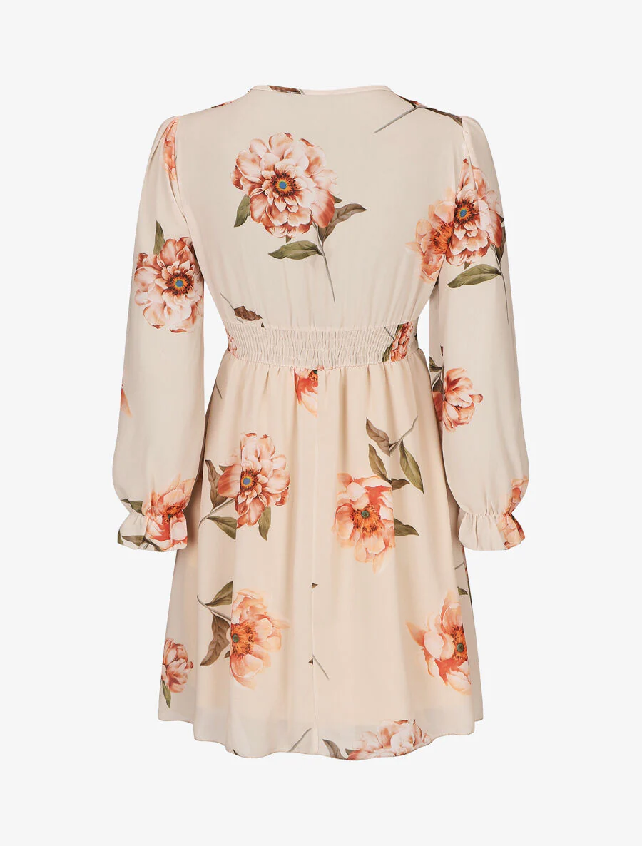 Korte patineuse jurk met grote bloemenprint - Beige - Image 2