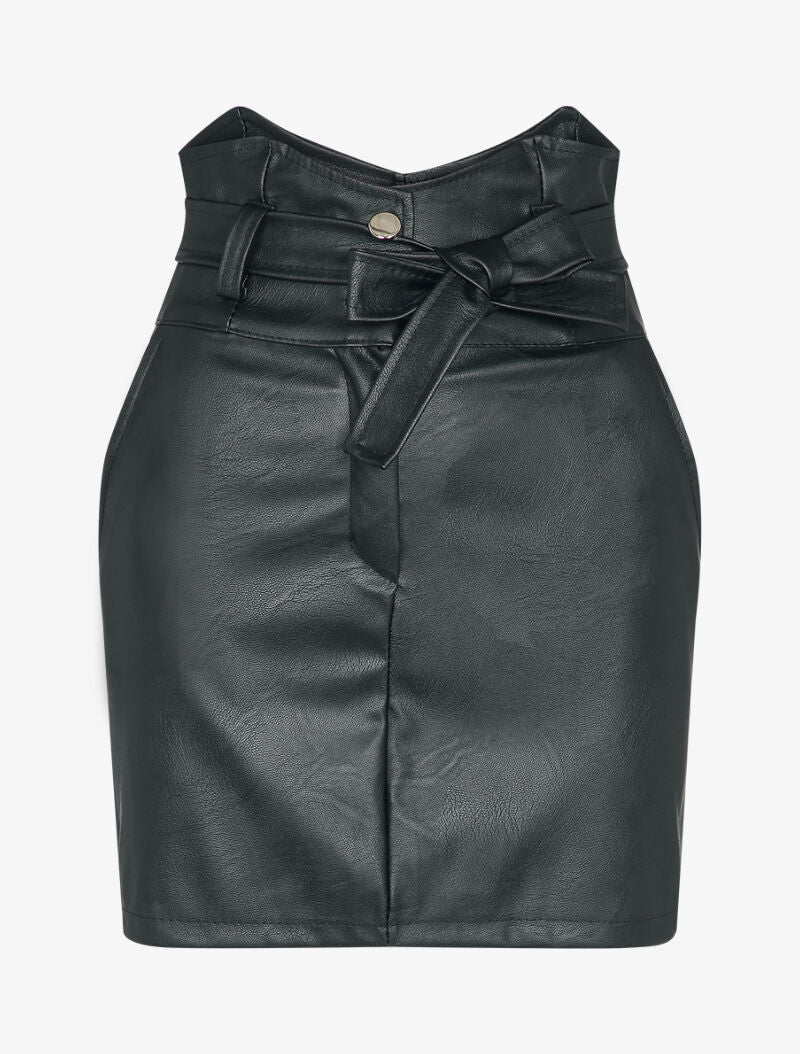 Korte rok in imitatieleer met asymmetrische empire taille - Zwart