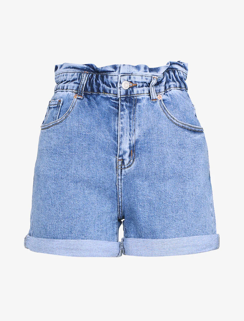 Korte rok met hoge taille en ruches - blauw denim