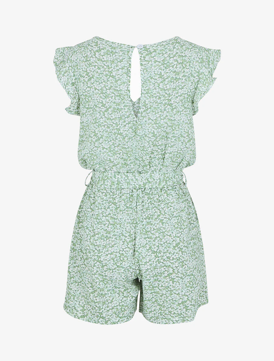 Korte soepele jumpsuit bloemenprint met ruches aan de mouwen - groen - Image 2