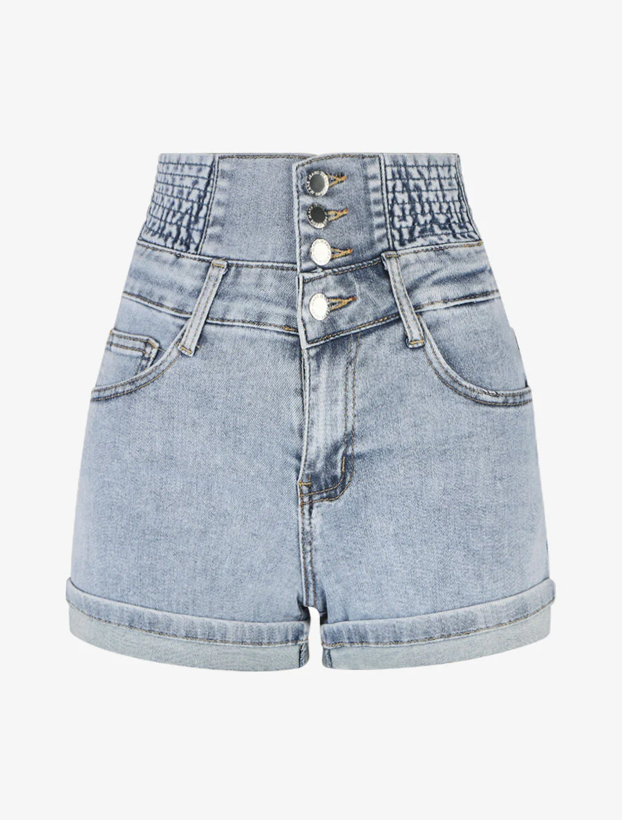Korte spijkerbroek met rolzomen en een hoge elastische taille - Blauw