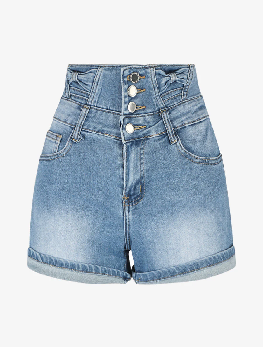 Korte spijkerbroek met rolzomen en een hoge taille met strikjes - blauw