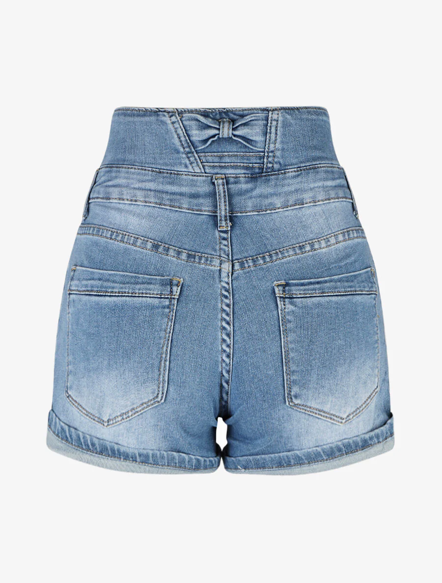 Korte spijkerbroek met rolzomen en een hoge taille met strikjes - blauw - Image 2