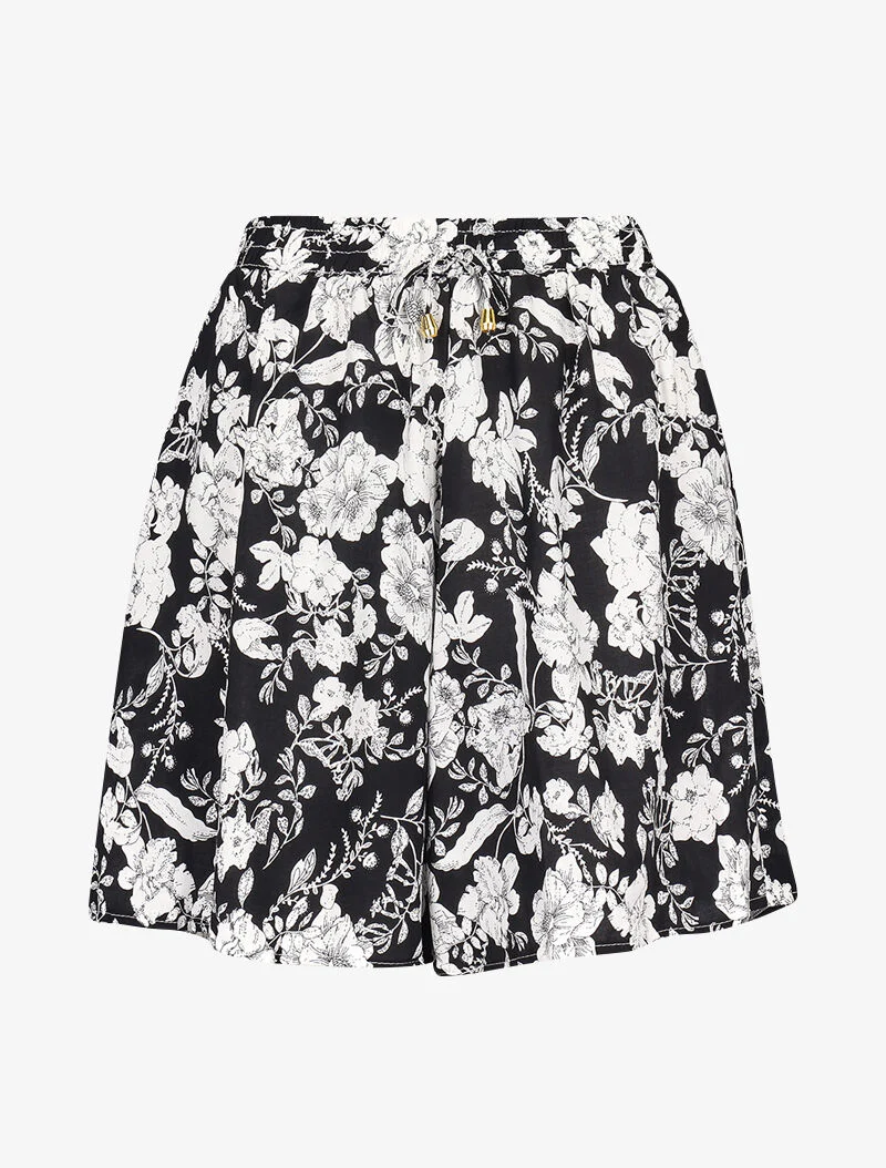 Korte trapeze rok met monochrome bloemenprint - zwart