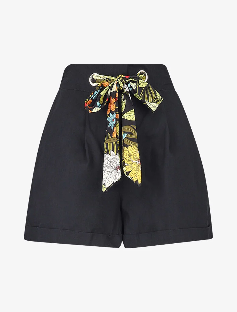 Korte trapeze jurk met bedrukte banden - zwart