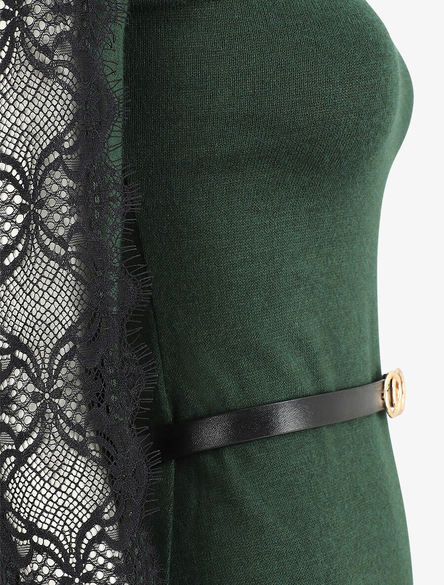 Korte trui jurk met kanten mouwen - Groen - Image 3