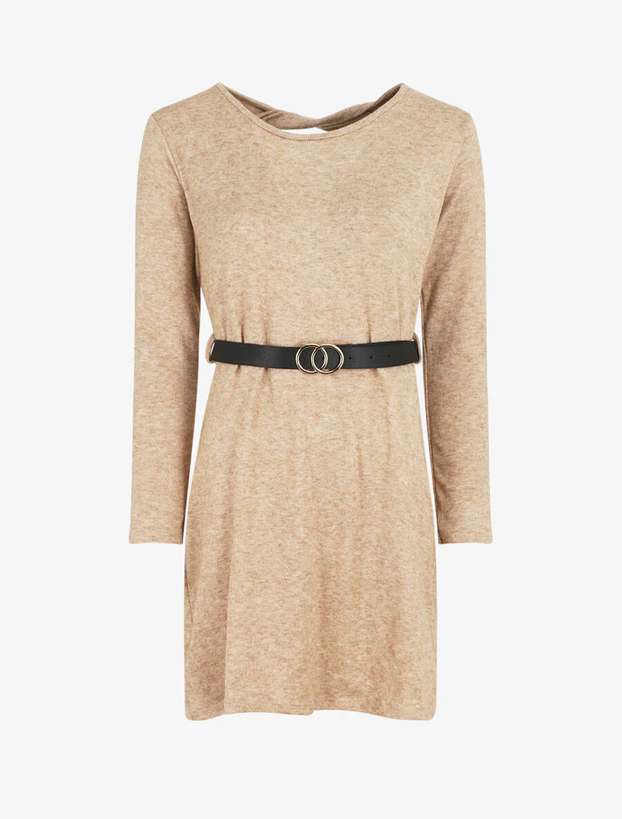 Korte trui-jurk met open rug - Camel