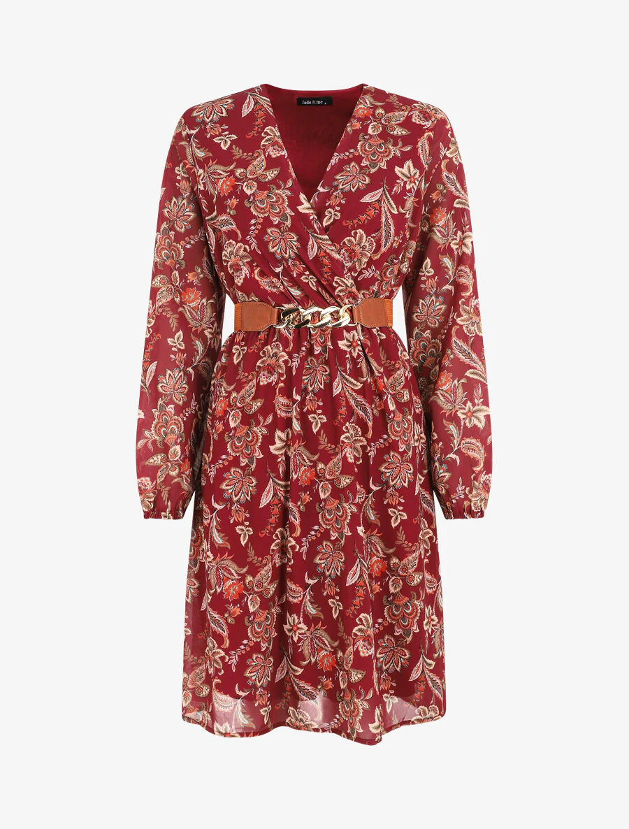 Korte uitlopende jurk met paisleyprint - Bordeauxrood